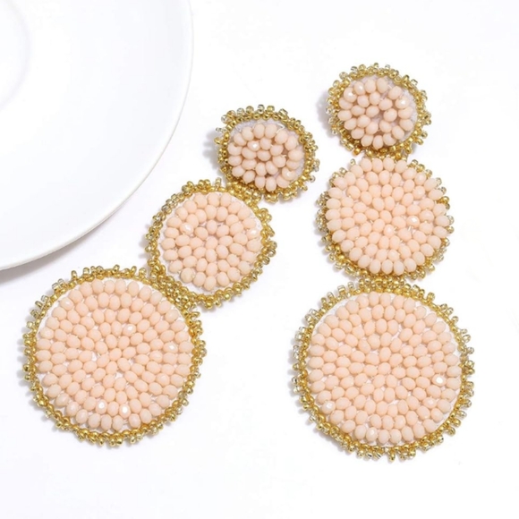 Petal Pink Champagne Beaded Triple Tier Earrings Bohemian Festival Statement New - Picture 2 of 11